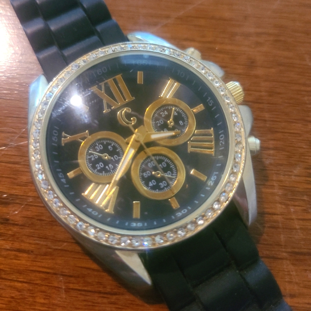 Large Charming Charlie Black & Gold Watch